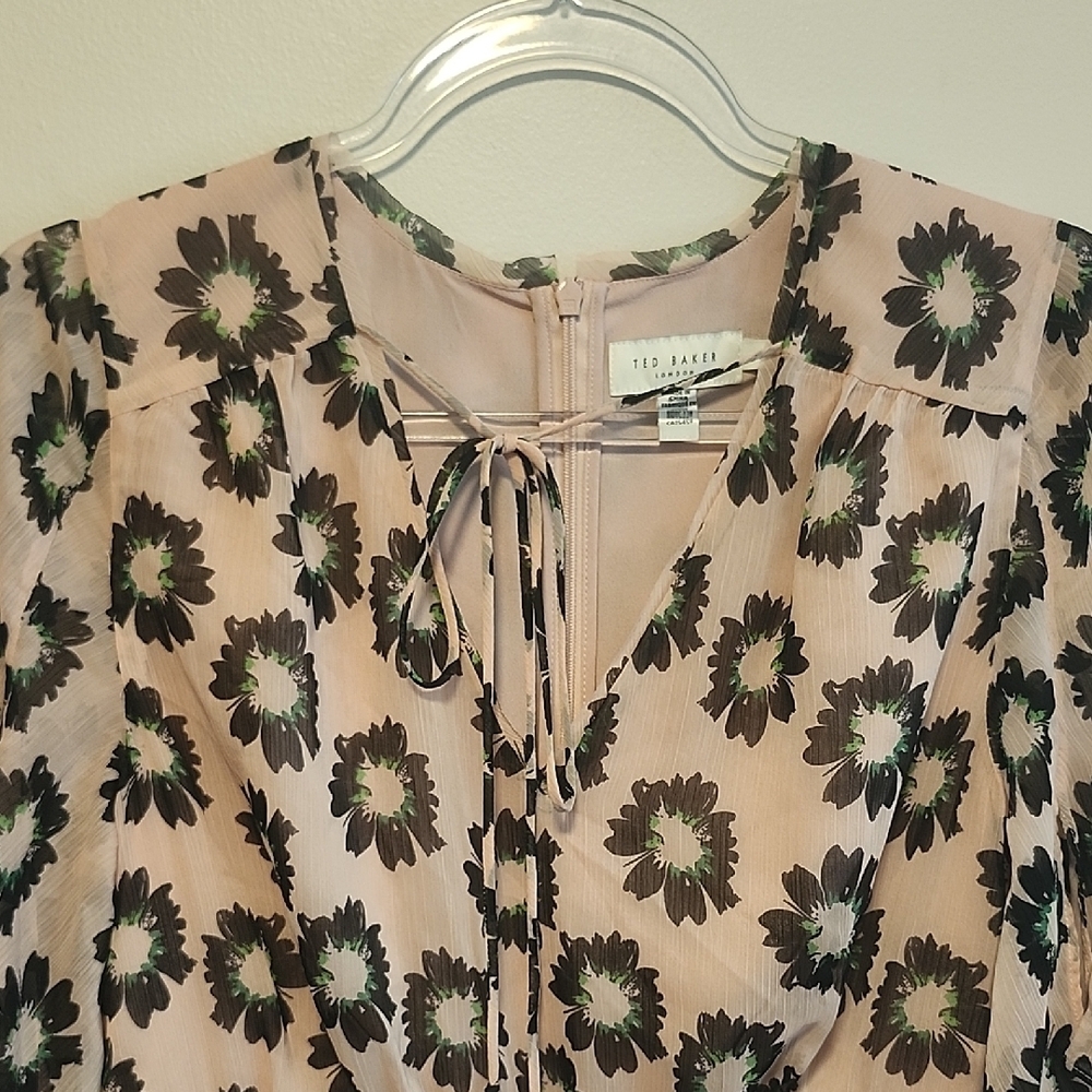 Ted Baker Pink Black V-Neck Floral Boho Mini Dress Spring Ruffle Hem Designer 3 - Picture 7 of 11